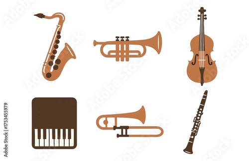 Assorted musical instruments: saxophone, trumpet, violin, piano, trombone, clarinet.Colorful icons set illustrated
