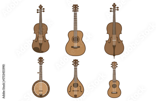 Collection of acoustic string instruments: violin, guitar, banjo, mandolin, cello, ukulele.Colorful icons set illustrated