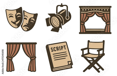 Theater symbols: comedy masks, stage lights, curtains, script, director's chair illustration.Colorful icons set illustrated