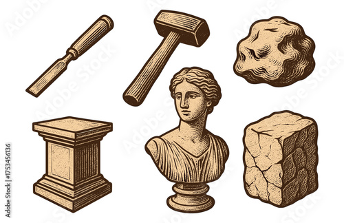 Vintage sculpture tools and artifacts: hammer, chisel, bust, stone, pedestal.Colorful icons set illustrated