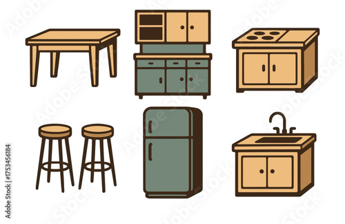 Collection of kitchen furniture and appliances: table, cabinets, refrigerator, sink, stools, stove.Colorful icons set illustrated