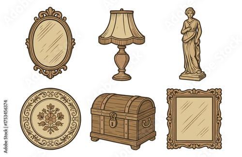 Vintage decorative set: mirror, lamp, statue, plate, chest, frame.Colorful icons set illustrated