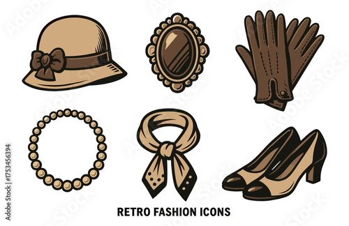 Vintage fashion accessories: hat, brooch, gloves, necklace, scarf, shoes.Colorful icons set illustrated