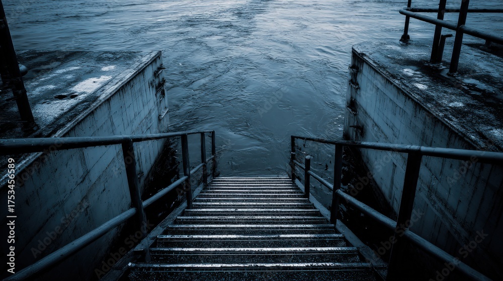 Fototapeta premium Metal steps leading into a calm body of water under soft light