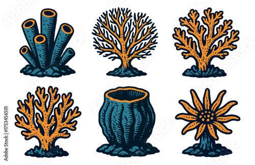 Colorful underwater coral and sponge illustrations - vibrant marine life.Colorful icons set illustrated