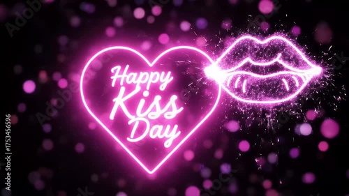 Happy Kiss Day Neon Heart and Sparkling Lips Graphic Keywords: Kiss Day, happy kiss day, love