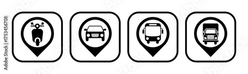 Transportation and Pin icon set illustration vector. Motorcycle, Car, Bus, Truck, with location sign and symbol.