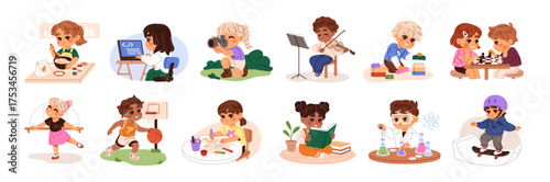 Different kids' hobbies set. Happy children play chess, music instruments, reading books and drawing. Cute boys and girls have fun, like photography. Flat isolated vector illustrations on white.