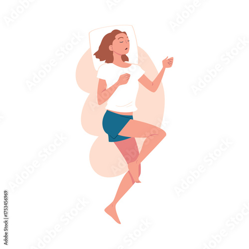 Sleeping Woman Character Lying in Pose with Pillow Vector Illustration