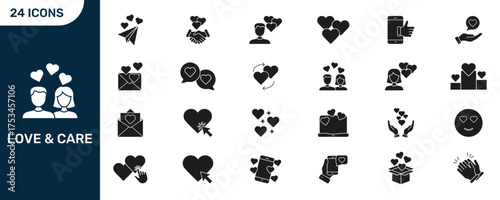 Love And Care Icon Set. Romantic Communication, Affection, And Emotional Connection Silhouette Symbol Collection. Includes Hearts, Messages, And Gestures. Isolated Vector Illustration