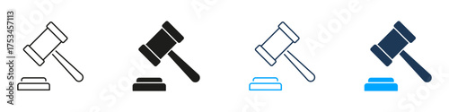 Gavel And Sound Block Line And Solid Icon Set. Legal Decision, Justice, And Auction Symbol Collection. Courtroom And Judicial Process Representation. Isolated Vector Illustration