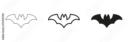 Bat Silhouette In Line, Outline, And Glyph Icon Set. Spooky Creature And Halloween Symbol Collection. Isolated Vector Illustration