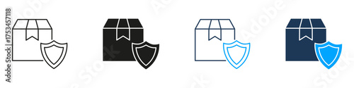 Package With Shield Line And Solid Icon Set. Secure Shipping And Protection Symbol Collection. Delivery Safety And Parcel Insurance. Isolated Vector Illustration