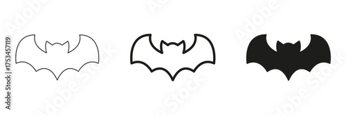 Bat Silhouette In Line, Outline, And Glyph Icon Set. Nocturnal Creature And Halloween Symbol Collection. Perfect For Spooky Themes And Nature Representation. Isolated Vector Illustration