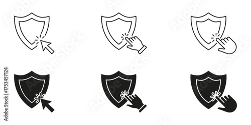 Shield With Cursor And Hand Click Line And Solid Icon Set. Cybersecurity, Protection, And User Interaction Symbol Collection. Digital Safety And Online Security. Isolated Vector Illustration