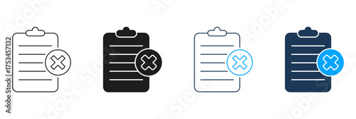 Clipboard With Cross Mark Line And Solid Icon Set. Task Rejection, Error Notification, Document Cancellation Symbol Collection. Administrative And Workflow Management. Isolated Vector Illustration