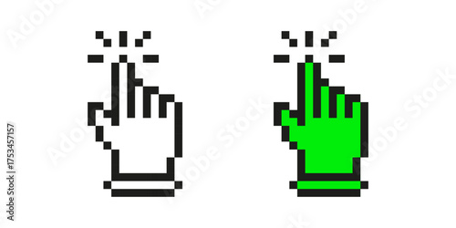 Pixel Art Hand Cursor Icon Set. Interactive Click And Selection Symbol Collection. Black And Green Pixelated Hands With Click Effect. Isolated Vector Illustration