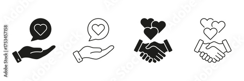 Hand With Heart And Handshake Line And Solid Icon Set. Compassion, Support, And Partnership Symbol Collection. Care, Trust, And Collaboration. Isolated Vector Illustration