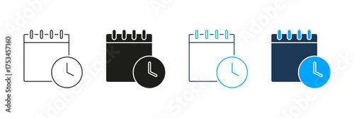 Calendar With Clock Line And Solid Icon Set. Time Management, Scheduling, And Event Planning Symbol Collection. Appointment And Deadline Reminder. Isolated Vector Illustration