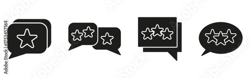 Speech Bubble With Star Rating Solid Icon Set. Customer Feedback, Review, And Rating System Symbol Collection. Communication And Evaluation. Isolated Vector Illustration