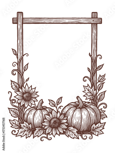 Pumpkin floral frame sketch autumn vertical vector illustration
