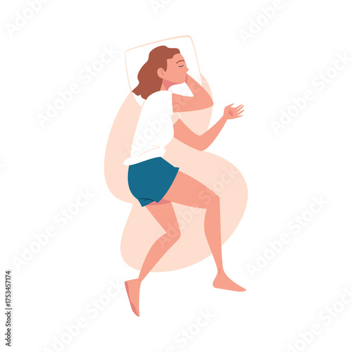 Sleeping Woman Character Lying in Pose with Pillow Vector Illustration