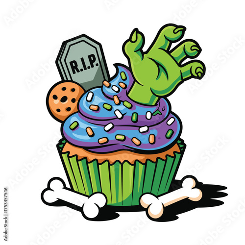 Vector art of a spooky halloween cupcake with a zombie hand emerging from the frosting, decorated with sprinkles and a tombstone