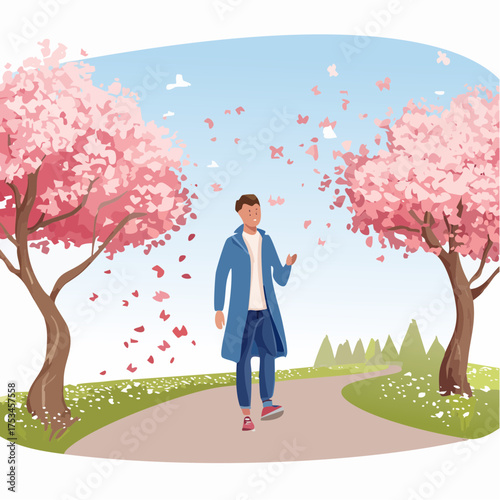 Spaziergang im Frühling mit wehenden Blütenblättern