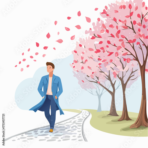 Spaziergang im Frühling mit wehenden Blütenblättern