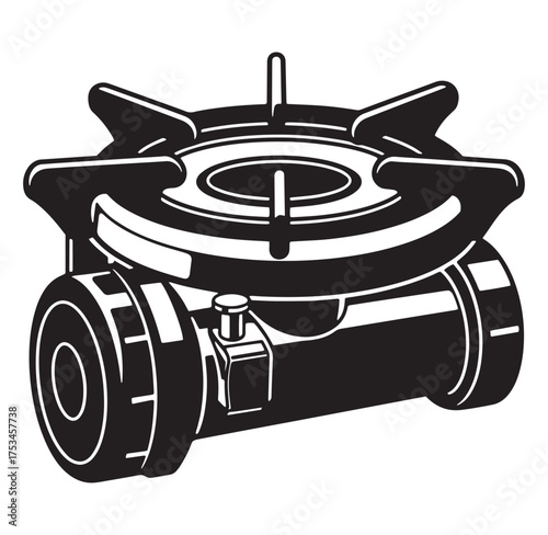 A detailed black and white vector illustration of a portable propane gas camping stove
