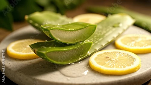 Sliced Aloe Vera and Lemon on Stone Slab for Natural Beauty Treatment Video