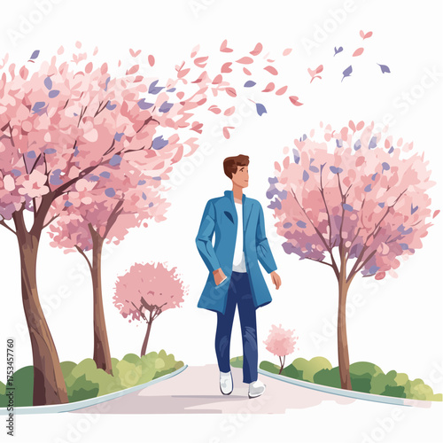 Spaziergang im Frühling mit wehenden Blütenblättern