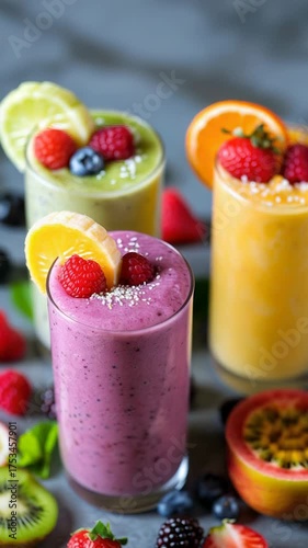 Three colorful smoothies in glasses, topped with fruits like raspberries, oranges, and blueberries. Fresh ingredients surround the drinks on a gray surface.