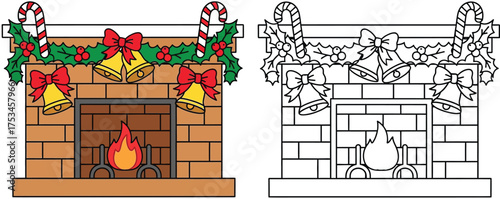 Cozy Christmas Fireplace with Festive Decor - Bells, Holly, and Candy Canes in Cartoon Style for Holiday Designs