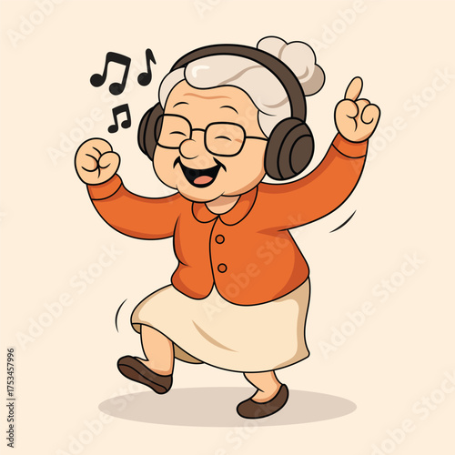 Cute and Adorable Grandma Dancing — Fun Elderly Woman Cartoon Illustration