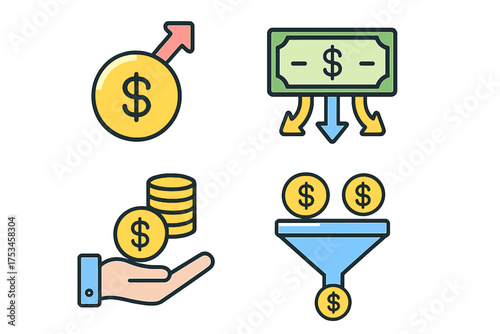 Financial icons representing money growth, investment, and savings revenue stream icons