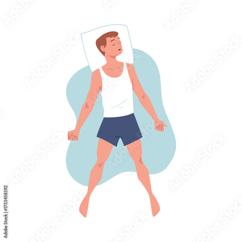 Sleeping Man Character Lying in Pose with Pillow Vector Illustration