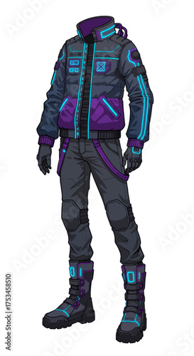 futuristic streetwear outfit with a modern aesthetic and bold color accents