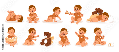 Set of cute baby. Happy infant kid plays with rattle and plush toy, reading book. Sad newborn is crying. Funny child sleeps and has fun. Flat isolated vector illustrations on white background.