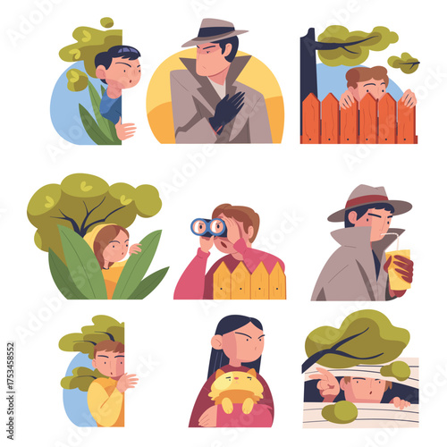 People Character Spying, Observing and Sneaking Looking and Peeping Out Vector Set