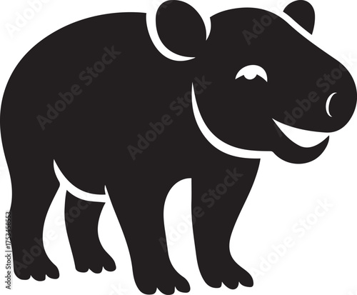 Happy tapir silhouette black and white, Smiling tapir walking animal vector