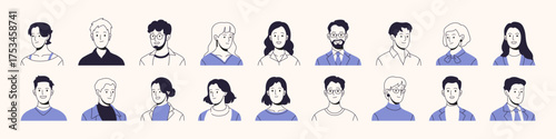 Contour set of business avatars. Happy faces of employees for user profiles. Different portraits of diverse office workers with joyful smiles. Flat isolated vector illustrations on a white background.
