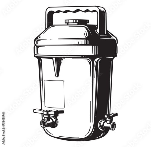 Detailed black and white illustration of a water dispenser or liquid container