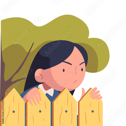 Woman Character Spying, Observing and Sneaking Looking and Peeping Out Fence Vector Illustration
