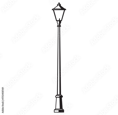 Detailed black and white vector illustration of a vintage street lamp post