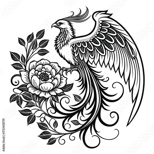 A vibrant mythical phoenix gracefully emerges from a spectacular burst of colorful stylized flowers symbolizing rebirth and renewal in a stunning floral design