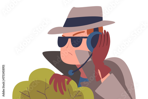 Man Character Spying, Observing and Sneaking in Hat and Coat Behind Bush Looking and Peeping Out Vector Illustration