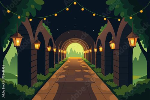 Pathway with arches and hanging lanterns