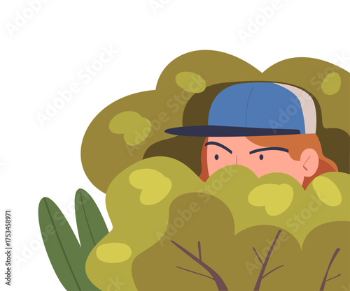 Woman Character Spying, Observing and Sneaking Looking and Peeping Out Bush Vector Illustration