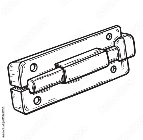 Hand drawn illustration of a metal door bolt in a simple black and white design.